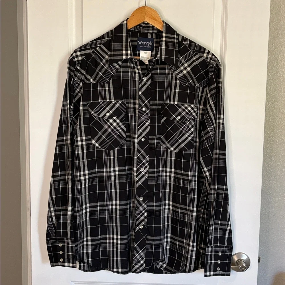 Wrangler Western Plaid Shirt Pearl Snap Long Sleeve Black White Size Large - Picture 4 of 12